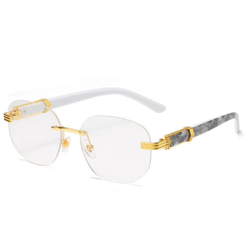 Retro square hip hop sunglasses with gold rimless frames, unisex fashion shades by Mandotos International.