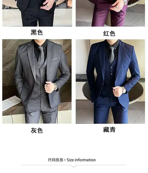 Mandotos International men's formal suit set with blazer, vest, and pants in black, tailored for business and special occasions.