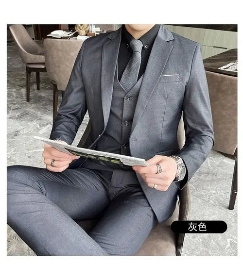 Mandotos International men's formal dress suit including blazer, vest, and pants in S-9XL size, professional business attire.
