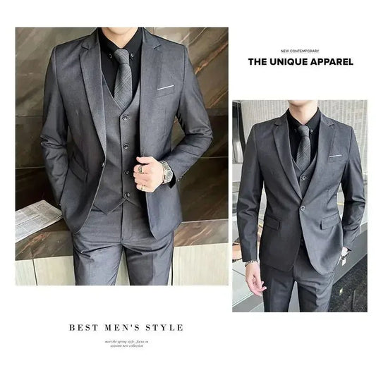 Mandotos International men's formal dress suit with blazer, vest, and pants, in black, size 6XL, for business and banquet occasions.