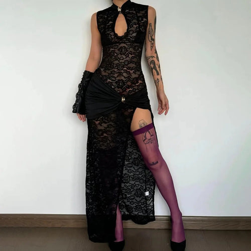 Elegant sleeveless lace long dress by MANDOTOS INTERNATIONAL with high slit, vintage bodycon design, perfect for evening or party wear.
