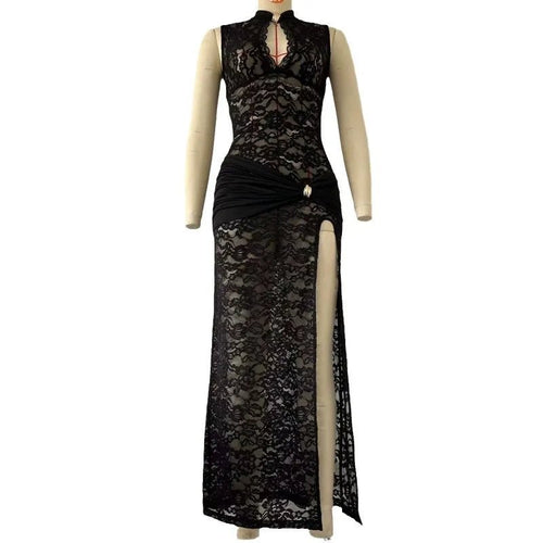 Mandotos International sexy lace long dress with sleeveless design, high slit, vintage bodycon style for evening or party wear.