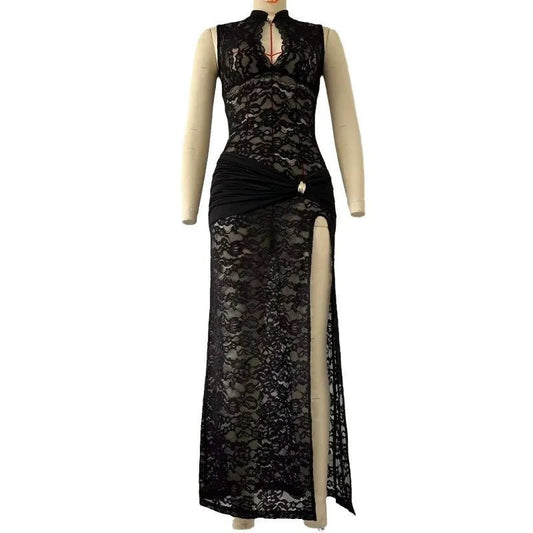 Mandotos International sexy lace long dress with sleeveless design, high slit, vintage bodycon style for evening or party wear.