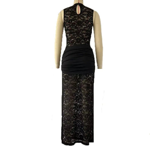 Mandotos International sexy lace long dress with sleeveless design, high slit, vintage bodycon style for evening parties and clubwear.