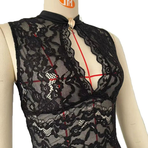 Mandotos International sexy lace long dress, sleeveless, high slit, vintage bodycon evening party clubwear, elegant and stylish.