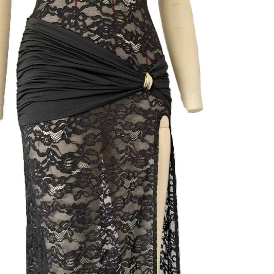Mandotos International sexy lace long dress with sleeveless design, high slit, vintage bodycon style for evening party and clubwear.