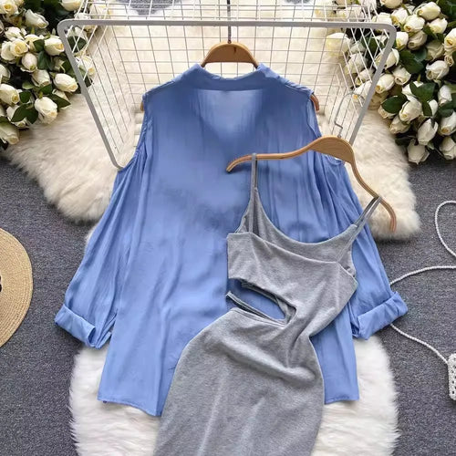 Mandotos International women's sunscreen dress set with a sexy split design, lightweight and stylish for summer wear.