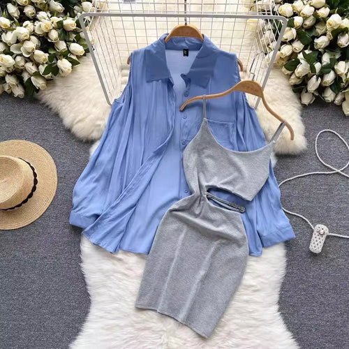 Mandotos International sexy split design sunscreen dress set for women, featuring a breezy, stylish summer outfit with a high slit.