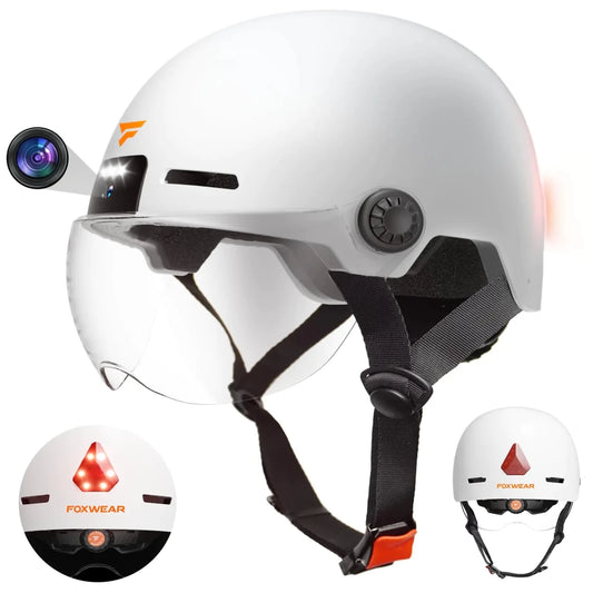 Mandotos International SHERRYFISH SmartCycle helmet with HD camera, safety lights, adjustable straps, and ventilation for cycling safety.