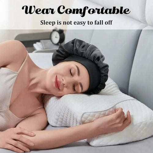 Silk wide-brimmed sleeping hair bonnet for women by MANDOTOS INTERNATIONAL, made of satin to protect hair overnight.