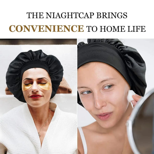 Silk wide-brimmed satin sleeping bonnet for women, designed to protect hair and reduce breakage during sleep.