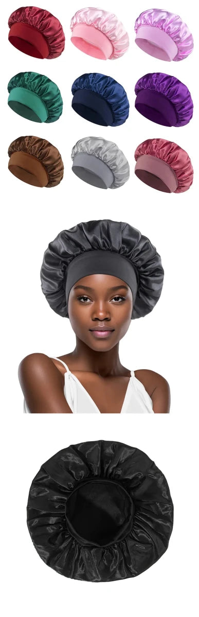 Silk wide-brimmed satin sleep bonnet for women, designed for hair care and protection during sleep by Mandotos International.