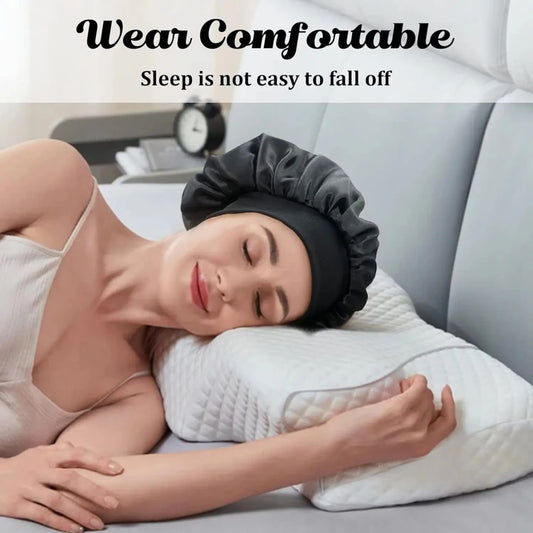 Silk wide-brimmed sleeping bonnet for women, satin hair care bonnet by Mandotos International, soft and comfortable for overnight use.