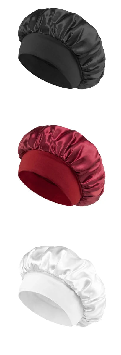 Silk wide-brimmed satin sleep bonnet for women, designed to protect and care for hair overnight, by MANDOTOS INTERNATIONAL.
