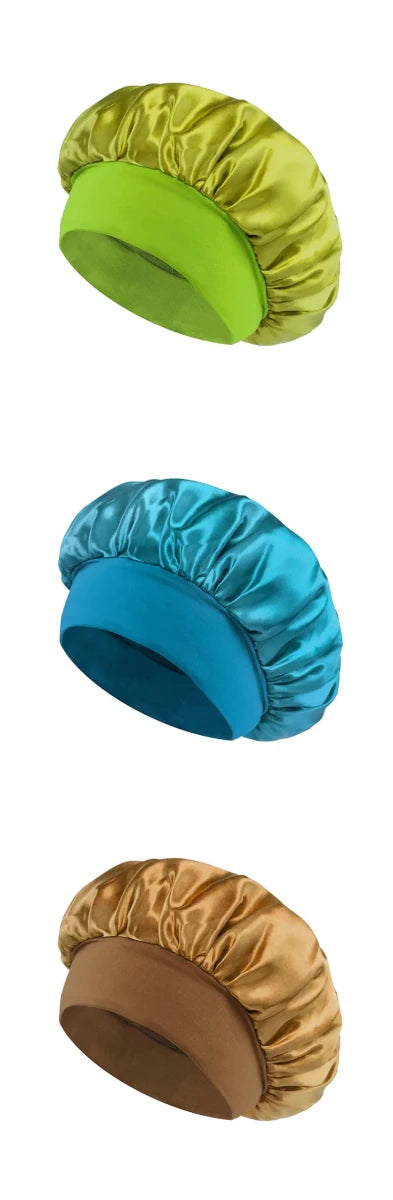 Silk wide-brimmed satin sleeping bonnet for women, designed for hair care and protection during sleep, by MANDOTOS INTERNATIONAL.