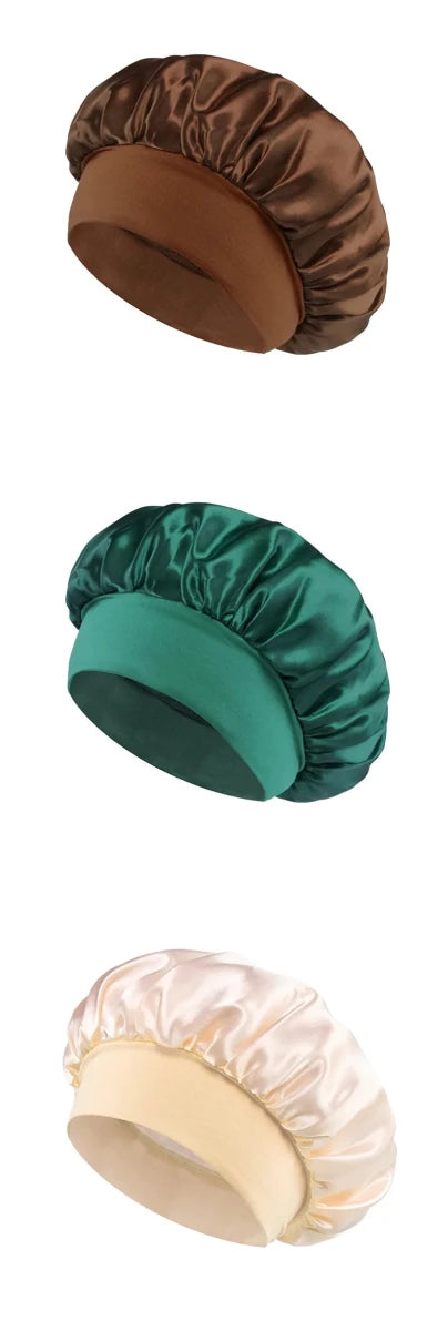Silk wide-brimmed satin sleeping bonnet for women, designed for hair care and protection during sleep, by Mandotos International.