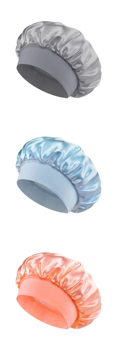 Silk wide-brimmed sleeping bonnet for women, satin hair care sleep cap, adjustable fit, protects hair overnight.