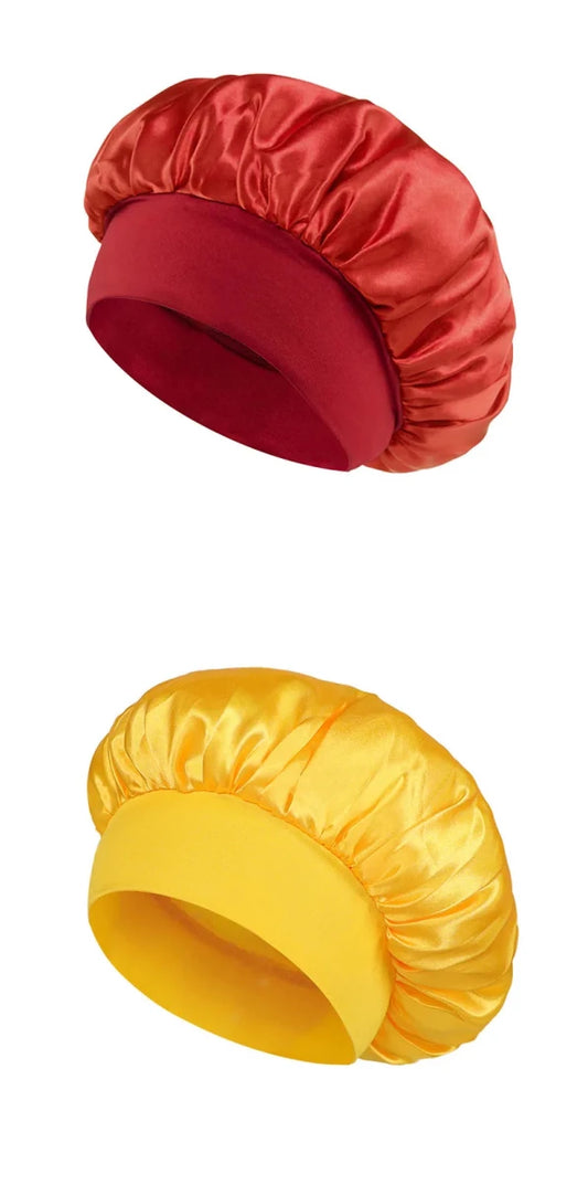 Silk wide-brimmed satin sleep bonnet for women, designed to protect hair and reduce frizz during sleep, by MANDOTOS INTERNATIONAL.