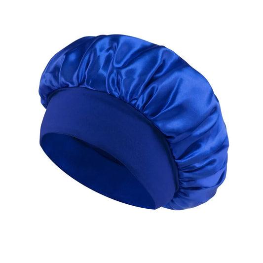Silk wide-brimmed satin sleep bonnet for women, designed for hair care and protection during sleep, by MANDOTOS INTERNATIONAL.