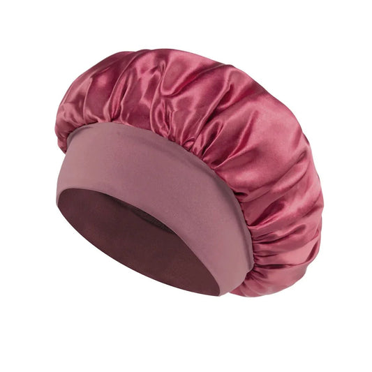 Silk wide-brimmed sleeping bonnet for women from MANDOTOS INTERNATIONAL, satin hair care bonnet with a comfortable fit.