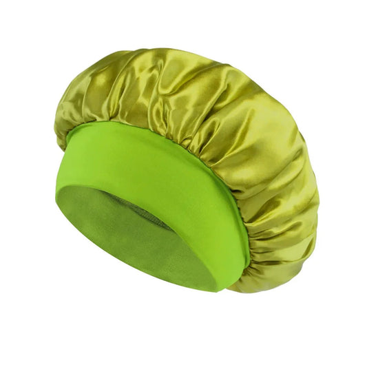 Silk wide-brimmed satin sleeping bonnet for women, designed for hair care and protection during sleep by MANDOTOS INTERNATIONAL