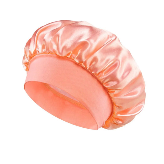 Silk wide-brimmed satin sleeping bonnet for women, designed for hair care and protection during sleep, by MANDOTOS INTERNATIONAL