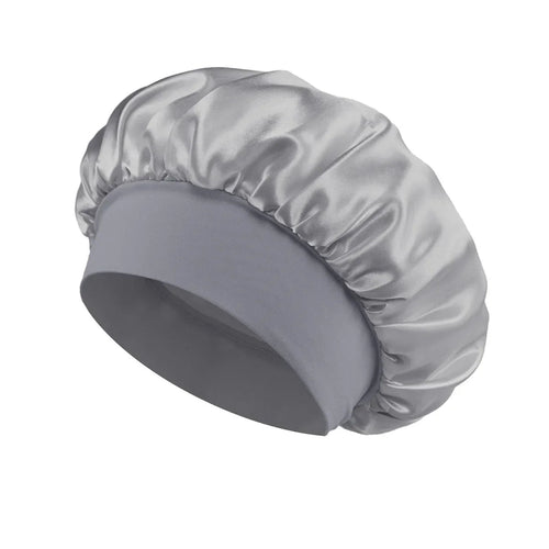 Silk wide-brimmed satin sleep bonnet for women, designed for hair care and protection during sleep.