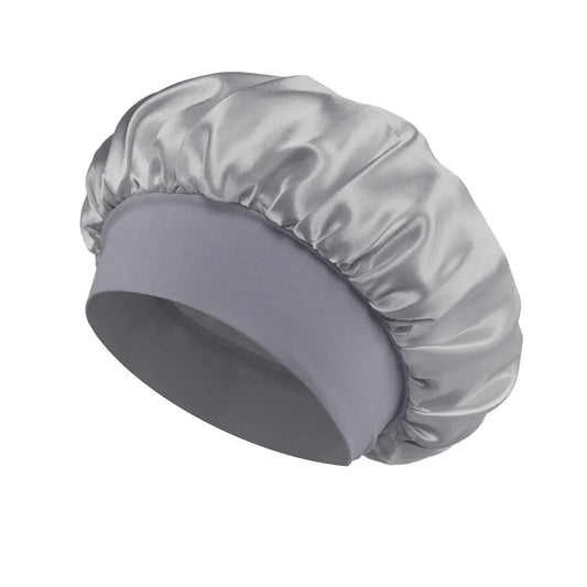 Silk wide-brimmed satin sleep bonnet for women, designed for hair care and protection during sleep.