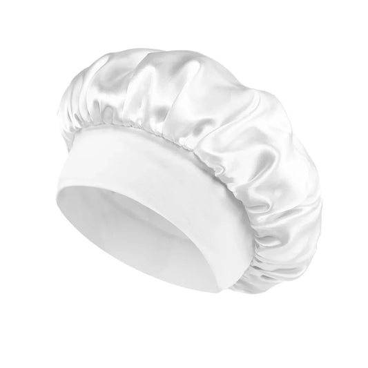 Silk wide-brimmed sleeping bonnet for women, satin hair care bonnet by MANDOTOS INTERNATIONAL, designed to protect and preserve hair.