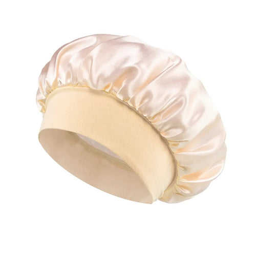 Silk wide-brimmed bonnet for women, satin sleeping hair care cap, keeps hair protected and smooth during sleep.