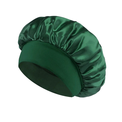 Silk wide-brimmed satin sleep bonnet for women, designed for hair care and protection during sleep, by MANDOTOS INTERNATIONAL.
