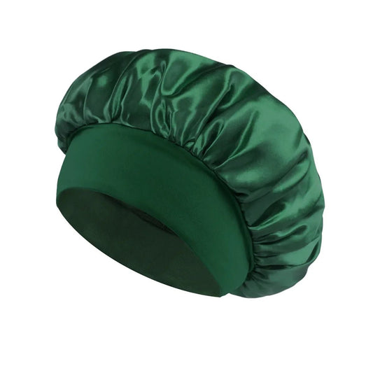 Silk wide-brimmed satin sleep bonnet for women, designed for hair care and protection during sleep, by MANDOTOS INTERNATIONAL.