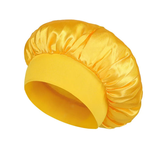 Silk wide-brimmed sleep bonnet for women, satin hair care cap by Mandotos International, designed to protect and smooth hair overnight.