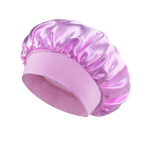Silk wide-brimmed satin bonnet for women, designed for sleeping hair care, showcasing smooth, shiny fabric and comfortable fit.