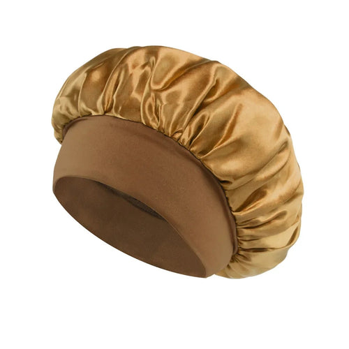 Silk wide-brimmed bonnet for sleeping hair care, satin material, designed for women to protect and maintain hair overnight.