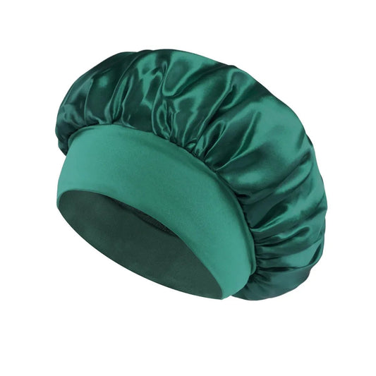 Silk wide-brimmed satin sleeping bonnet for women, designed for hair care and protection during sleep, by MANDOTOS INTERNATIONAL.