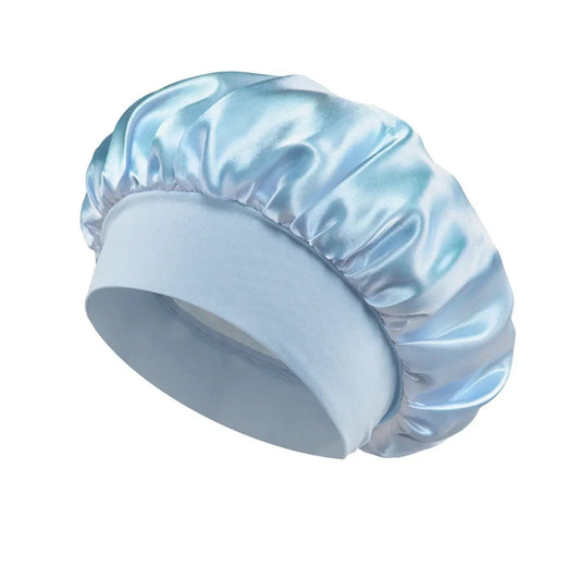 Silk wide-brimmed sleeping bonnet for women, satin hair care bonnet by MANDOTOS INTERNATIONAL, protects hair overnight.
