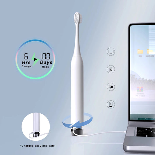 Mandotos International Smart Sonic Toothbrush with white soft bristles, fast Type-C charging port, sleek design.