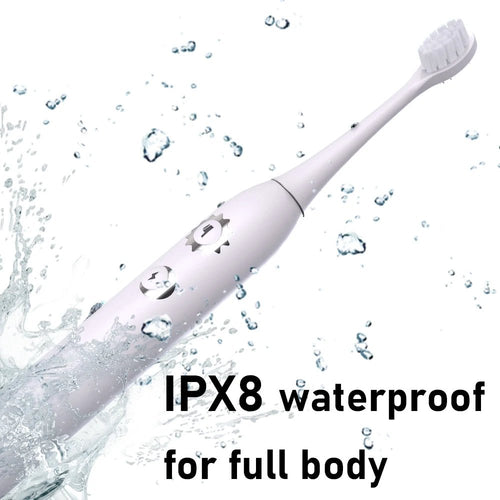 Mandotos International Smart Sonic Toothbrush with white soft bristles and fast Type-C charging in close-up view.