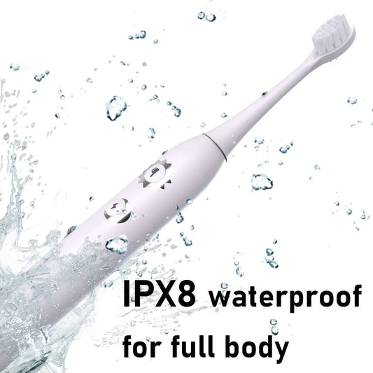 Mandotos International Smart Sonic Toothbrush with white soft bristles and fast Type-C charging in close-up view.