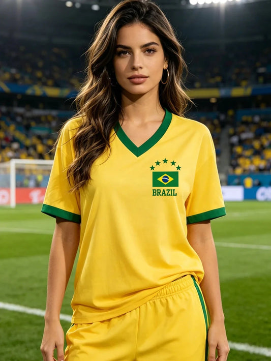Women's Brazil National Team Aesthetic Jersey T-Shirt, Sporty Graphic Print - Mandotos Internationalsports