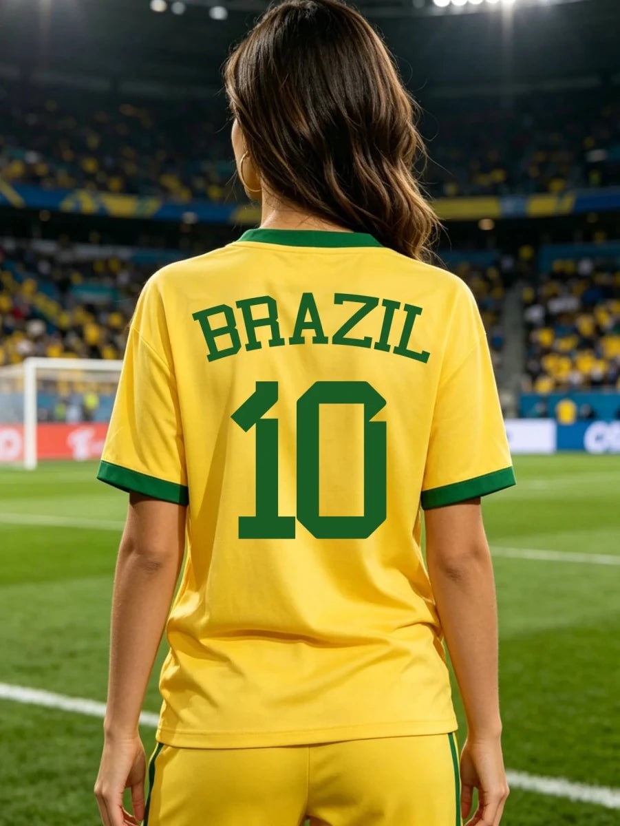 Women's Brazil National Team Aesthetic Jersey T-Shirt, Sporty Graphic Print - Mandotos Internationalsports