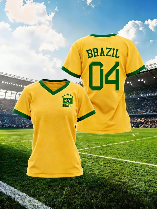Women's Brazil National Team Aesthetic Jersey T-Shirt, Sporty Graphic Print - Mandotos Internationalsports