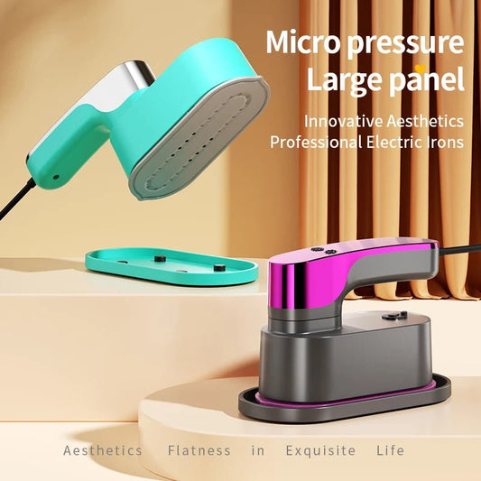 Mandotos International handheld travel clothing iron with pressurized steam and folding design for fast, efficient ironing at home or on the go.