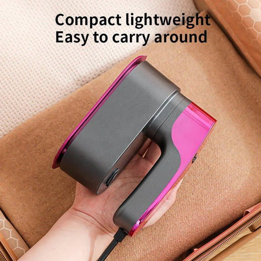 Mandotos International electric handheld travel iron with pressurized steam and folding design for quick, efficient clothing ironing.
