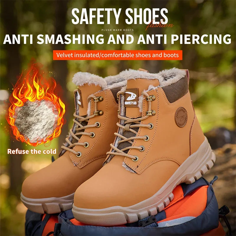 Mandotos International men's stylish waterproof winter steel toe work boots with rugged safety soles and durable construction.