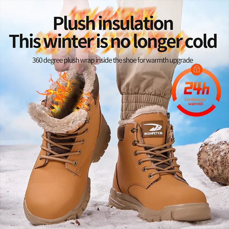 Mandotos International men's waterproof steel toe work boots, stylish winter safety shoes with durable, rugged design.