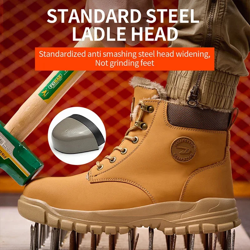 Mandotos International stylish men's winter steel toe work boots with waterproof, rugged safety shoes featuring sturdy soles.