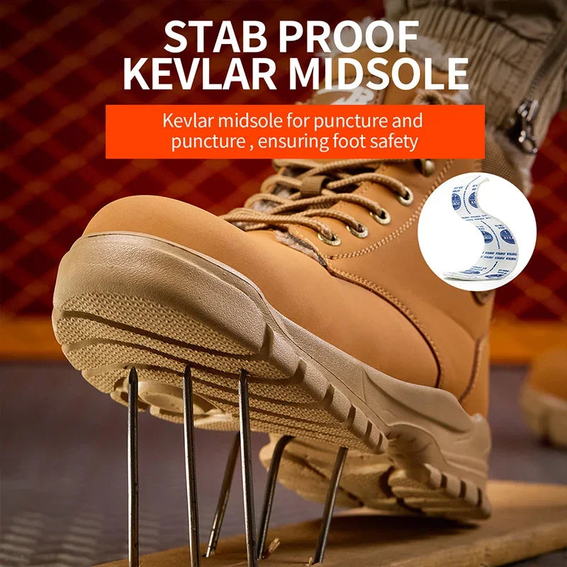 Mandotos International men's waterproof winter steel toe work boots with durable safety shoes design and rugged soles.