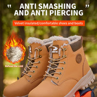 Mandotos International stylish winter steel toe work boots for men, waterproof and durable safety shoes with rugged soles.